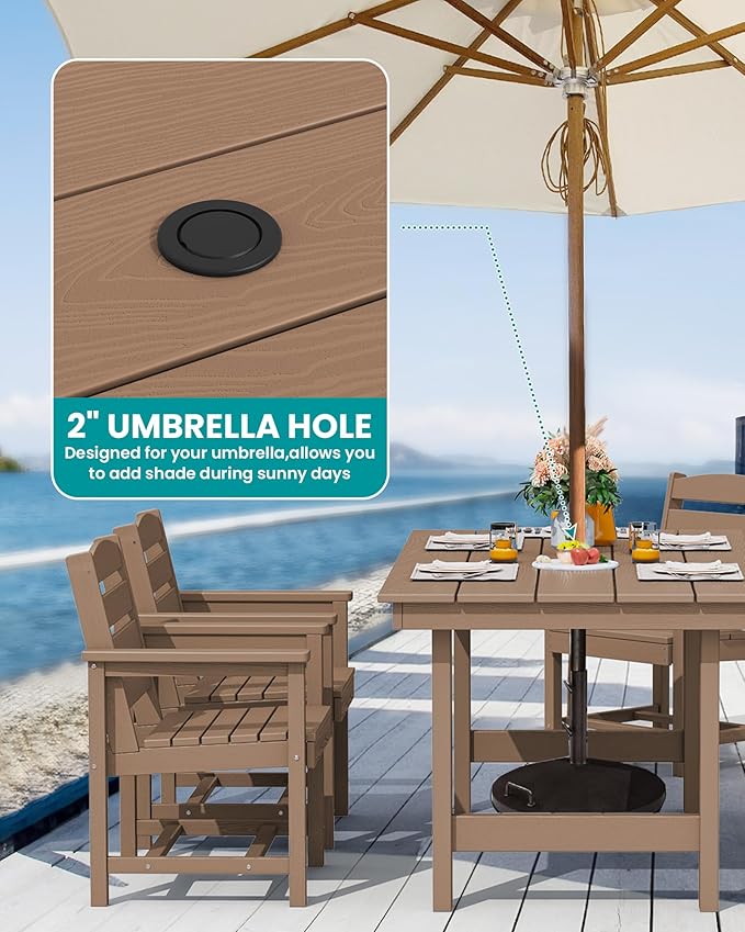 SERWALL Patio Dining Table Sets 5-Piece, Outdoor HDPE Dining Furniture Set with Umbrella Hole Cut-Out Table and 4 Chairs, All Weather Dining Set for Lawn, Garden, Backyard, Poolside, Brown SERWALL