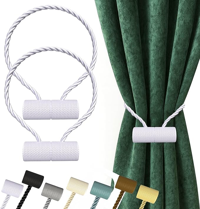 Hion Magnetic Curtain Tiebacks White 2pcs, Curtain Tiebacks Buckles Holdbacks Holders Hooks Clip for Home Bedroom Office Decorative Curtain Hion