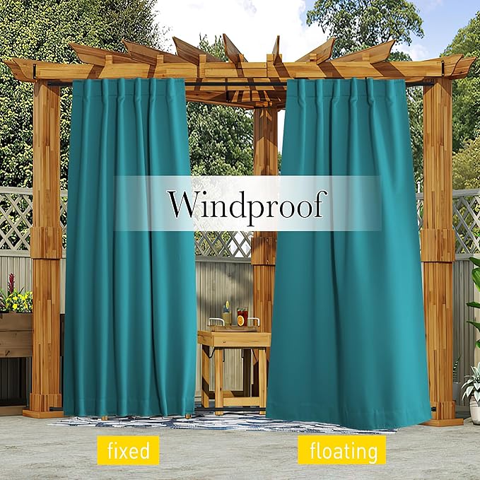 NICETOWN 2 Panels Outdoor Curtains Waterproof Pocket & Back Tab on Top & Bottom, Thermal Insulated Windproof Sun Blocking Outside Privacy Drapes for Patio with Fixed Rope, W52 x L84, Peacock Teal NICETOWN