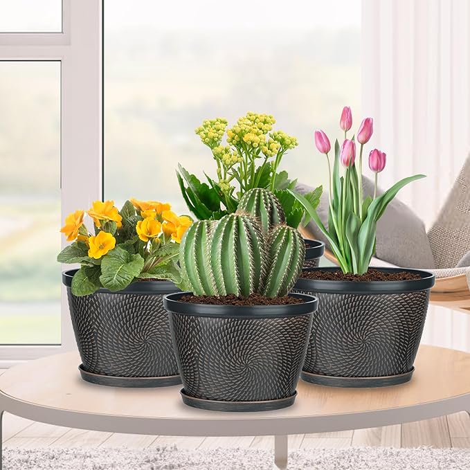 Quarut 4 Pack 8 Inch Flower Pots for Outdoor Indoor, Plastic Plant Pots with Drainage Hole & Saucer, Lightweight Small Flower Pot, Circle Pattern Planters for Garden House planters（Brown） Quarut