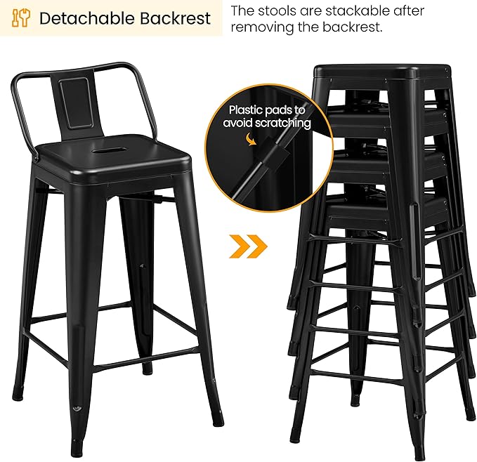 Yaheetech Bar Stools Set of 4, Metal Counter Height Chairs, 26 Inch Industrial Kitchen Stools with Backrest and Footrest for Indoor/Outdoor, Matte Black Yaheetech