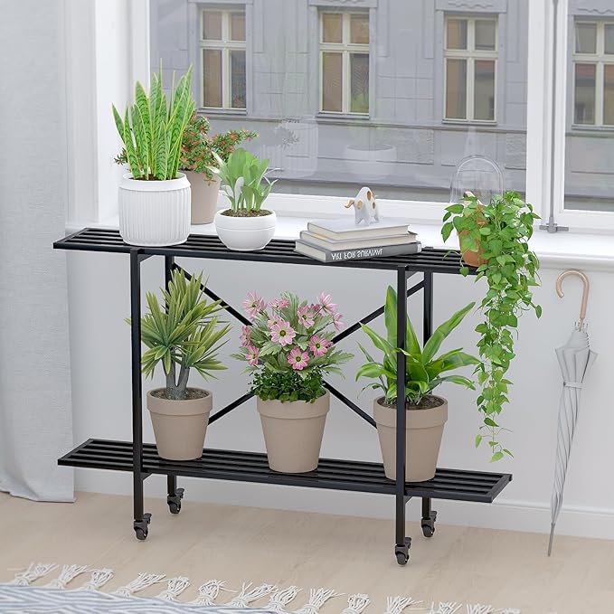 Zhongma 2 Tier Metal Sturdy Narrow Plant Stand with Wheels, Plant Stand Indoor and Outdoor, L45.67 x W10.3 x H29.9 inch, 440 LBS Capacity & Heavy Duty Construction. Zhongma