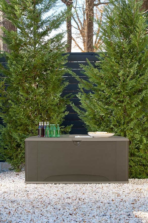 Rubbermaid Extra Large Resin Outdoor Storage Deck Box with Seat (120 Gal), Weather Resistant, Brown, Deck Organization for Home/Backyard/Pool Chemicals/Toys/Garden Tools/Porch/Patio Cushions Rubbermaid