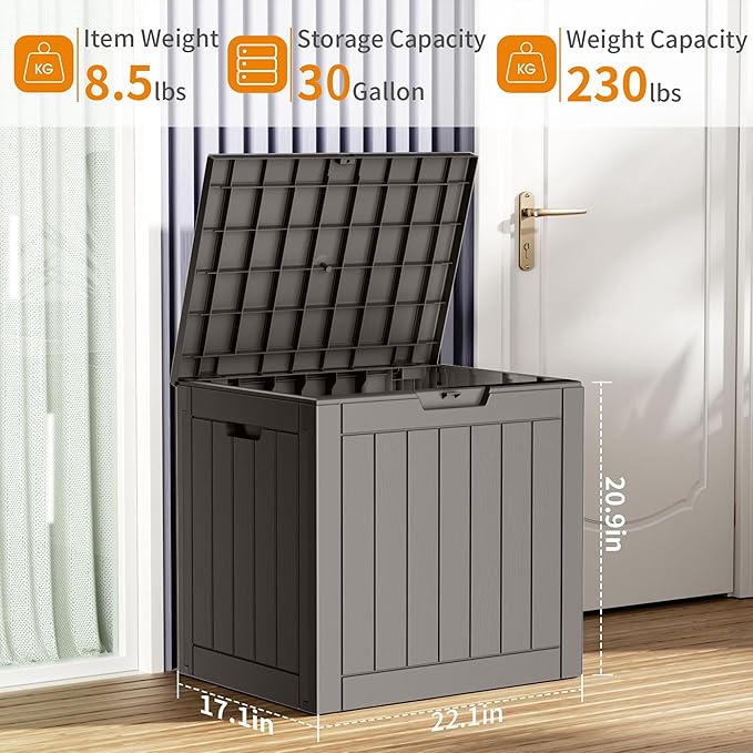 30 Gallon Outdoor Storage Box, Large Resin Deck Box for Patio Cushions, Garden Tools, Pool Accessories, Waterproof and Lockable Design, Storage Bench for Backyard & Deck(Gray) Rootora