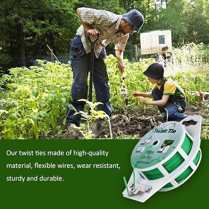 Twist Ties - All-Purpose Coated 328feet Garden Plant Ties with Trimmer Garden Twine Support Ties Reusable for Gardening Plants Growth and Care, Office Home Cable Organization (Green) PGarden-EZ