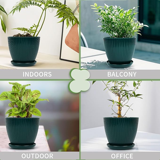 Plant Pots Indoor with Saucers & Drainage - 6 Pack Flower Pots - Plastic Planters for Indoor Planter - 7.5/6.6/5.8/5.0/4.3/3.5 inches Sizes for All Different Types of Plants-Dark Green Vodotion