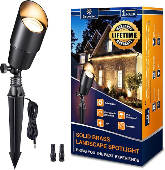 Gardenreet Landscape Spotlights Low Voltage - Brass Outdoor Uplight LED 12V, Wired Spot Lights IP65 Waterproof, Black for Exterior Garden Yard Tree House Without MR16 Bulb Gardenreet