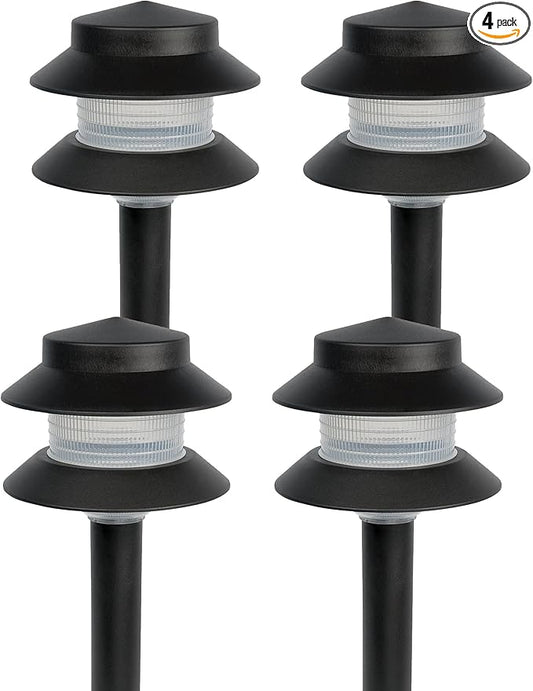 GreenLighting Paradise Low Voltage Landscape Pathway Lights - 2 Tier Outdoor Garden Lights - Easy, Simple Installation - Walkway, Lawn, Landscape Lighting (Black, 4 Pack) GREENLIGHTING