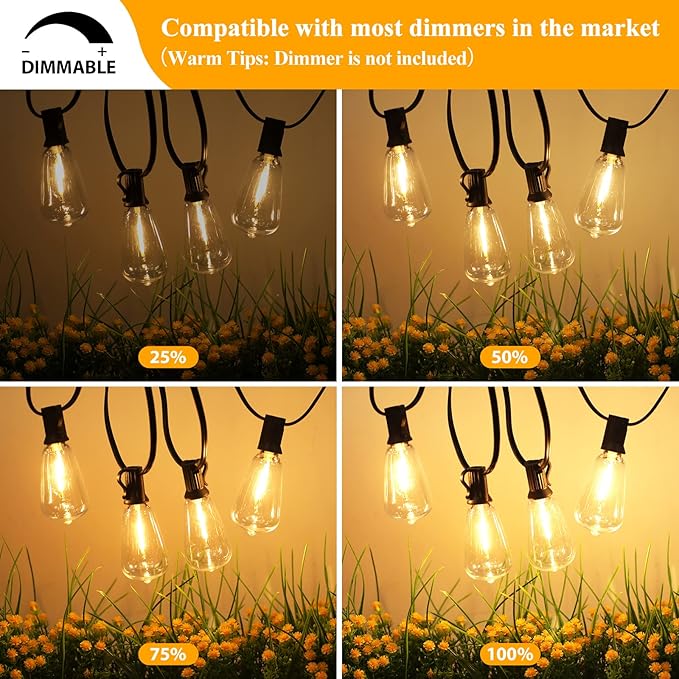 Brightever Outdoor String Lights, 25FT Patio Lights with 13 ST38 LED Edison Bulbs (1 Spare), Waterproof Connectable String Lights for Outside, Dimmable Hanging Light for Backyard Porch Decor, Black Brightever
