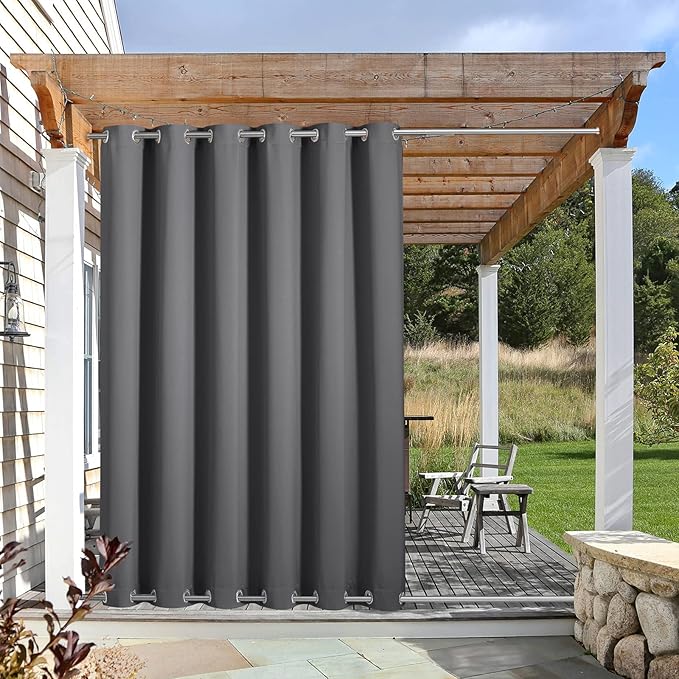 NICETOWN Outdoor Curtain Waterproof Extra Long 108" for Patio, Windproof Energy Saving Top and Bottom Stainless Steel Grommets Blackout Outdoor Drape for Porch, 1 Piece, 84" Wide, Grey NICETOWN