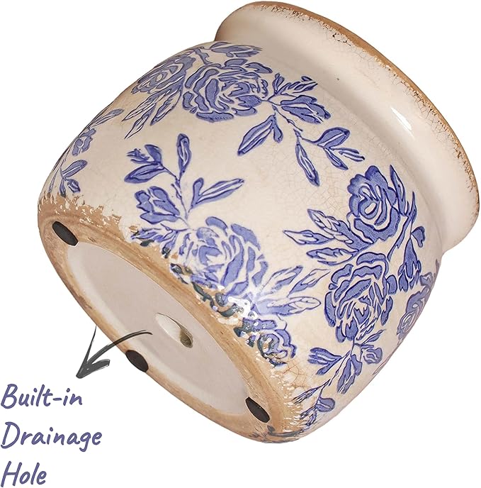 Chinoiserie Ceramic Plant Pot for Garden Decor, 6.29in Rustic Farmhouse Planter with Drainage Hole for House Plants, Blue and White Vase for Centerpiece, Kitchen & Office Decoration, Plant Lover Gifts XiaanJiaju