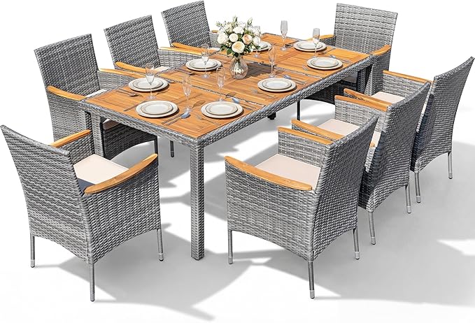 Devoko Outdoor Patio Dining Sets 9 Pieces Wicker Outdoor Dining Table and Chairs Set with Acacia Wood Table Top and Widened Armrests for Backyard, Garden, Deck (Grey) DEVOKO