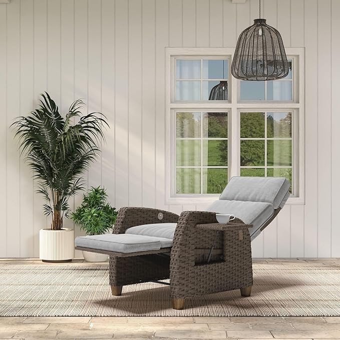 Grand patio Indoor & Outdoor Recliner Chair PE Wicker Patio Recliner with Flip Table Reclining Lounge Chair, Mist Grey GrandPatio