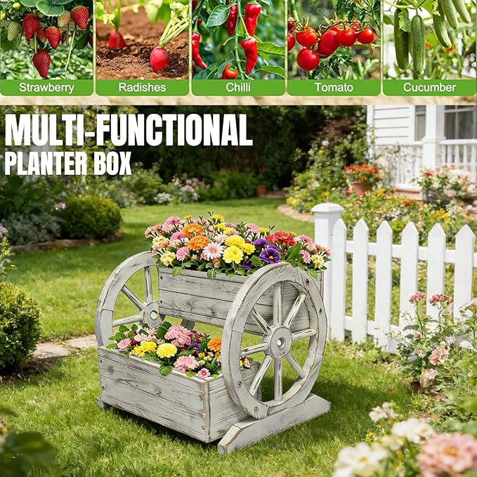 NestNature Wooden Wagon Planter Box,Raised Garden Bed,Decorative Garden Planters with Wheels-Outside Flower Pots for Indoor/Outdoor Décor Plants (Antique White) NestNature