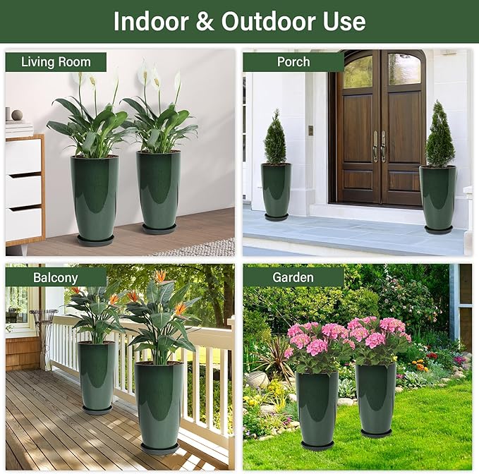 Set of 2 Lightweight Ceramic-Look Tall Planter, 21 inch Large Plastic Planter with Drain Hole & Saucers, Large Outdoor Planters for Porch, Garden, Patio, Balcony(Dark Green) Neoaider