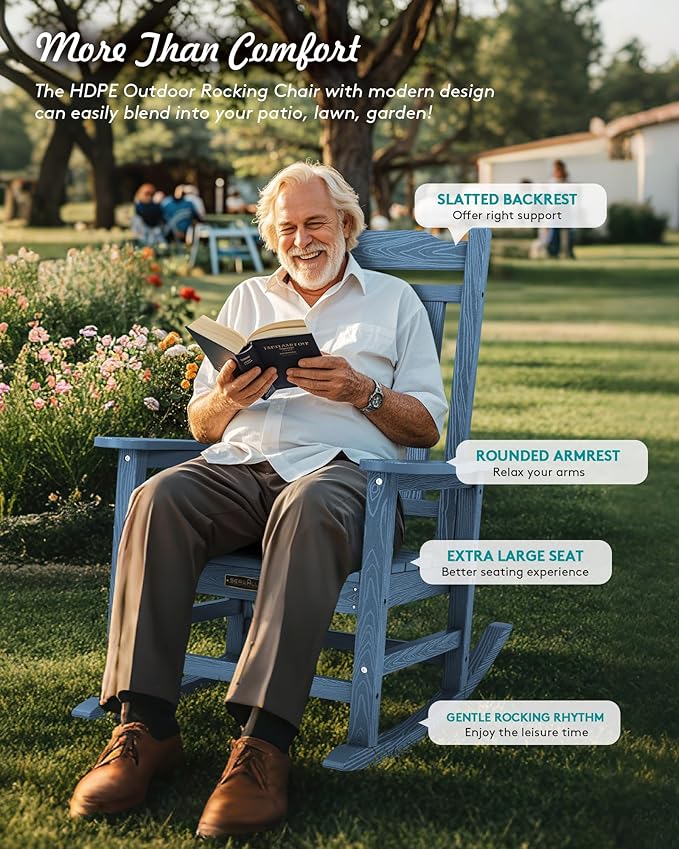 SERWALL Oversized Rocking Chair Outdoor, HDPE Outdoor Rocking Chair, Blue SERWALL
