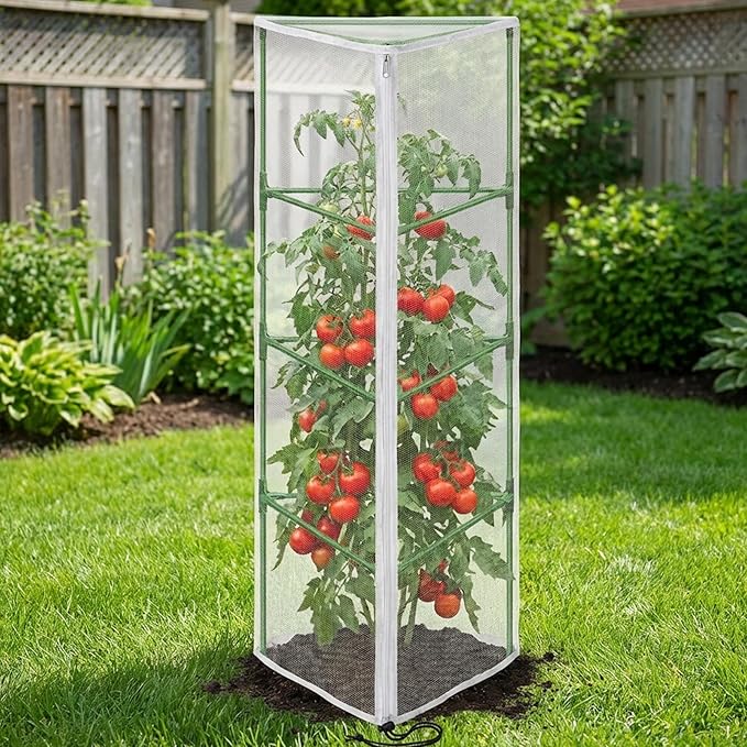 2 Pcs Garden Bird Netting for Triangle Plant Cage, 59" x 20" x 20" Tomato Cage Garden Net Cover with Zipper, Tomato Trellis Insect Bird Barrier Protection Mesh for Vertical Climbing Plant Vegetable PurpleStar