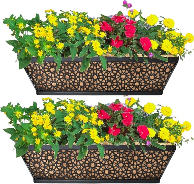 2 Pack 30" Railing Planter Window Box Deck Balcony Rail Planters Black Metal Flower Basket Horse Trough Planter with Coco Fiber Liner for Porch Fence Patio Outdoor EIMQUVW