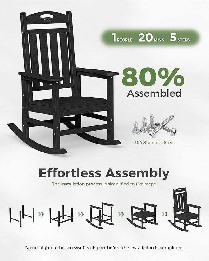 Oversized Outdoor Rocking Chairs Set of 2, High Back Porch Rocking Chair, HDPE All Weather Resistant Rocking Chairs for Patio, 380lbs Weight Capacity, Black Suunyn