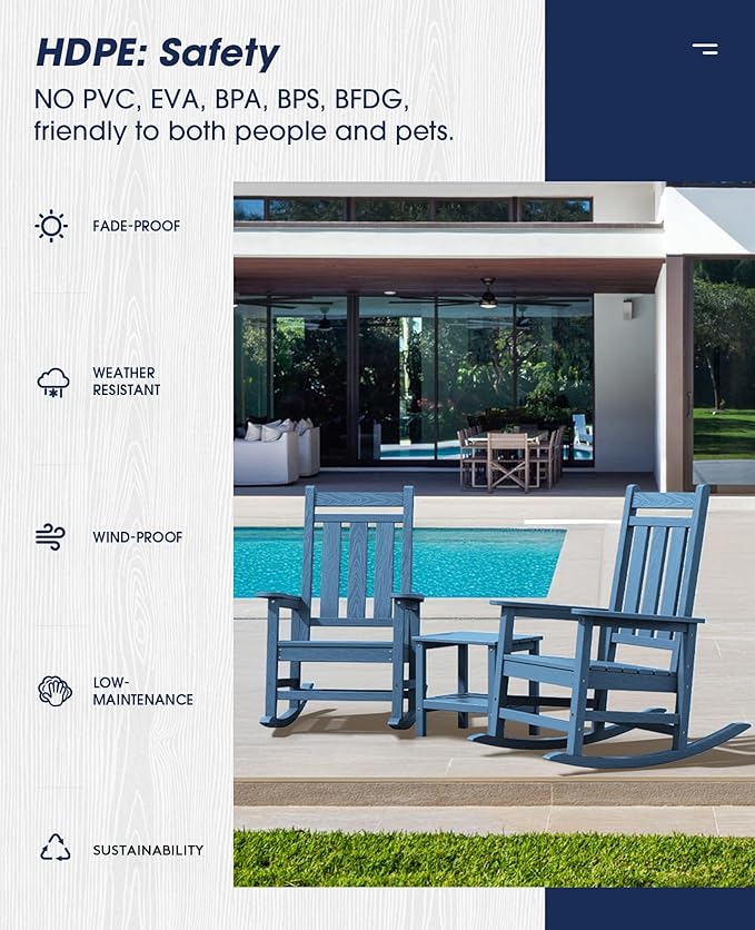KINGYES Oversized Outdoor Rocking Chair Set of 8, All-Weather Patio Rocking Chairs for Porch, HDPE Outdoor Patio Rockers with High Back & Wide Seat for Garden, Lawn, Blue KINGYES