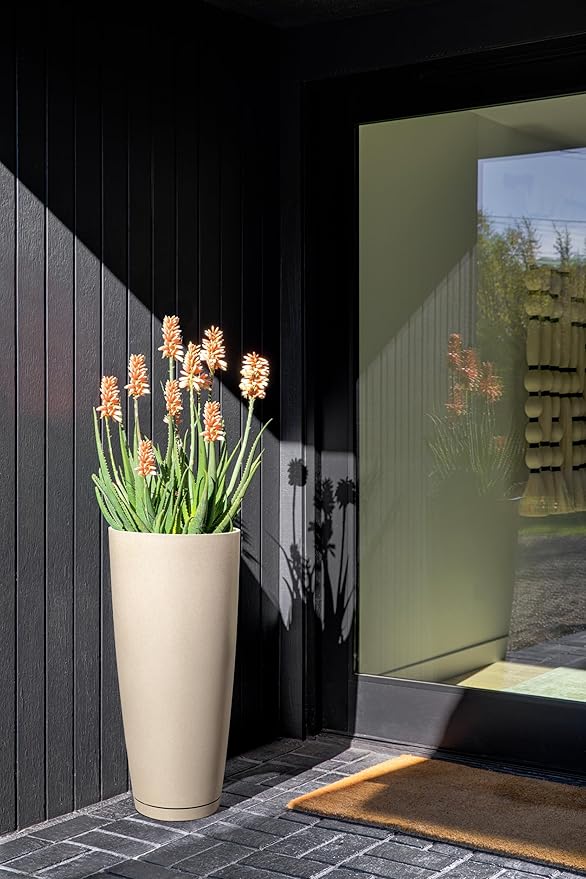 Veradek Vega Round Tall Planter Pots for Indoor/Outdoor Use | Made from Plastic - Stone Mix with Drainage Holes | Perfect for Small to Large Succulent Plants, Flowers, Modern Interior Plants VeradekOutdoor