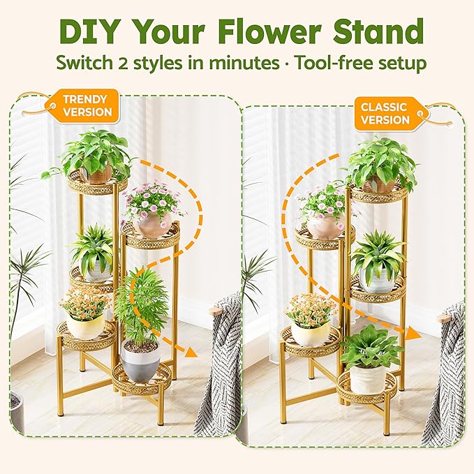 Tall Plant Stand Indoor Outdoor, Corner Metal Flower Pot Stands for Multiple Plants, 5 Tier Heavy Duty Plant Shelf for Patio Garden Balcony Living Room Bedroom - GoldWave Rootora