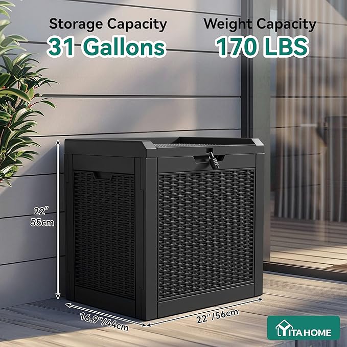 YITAHOME 32 Gallon Deck Box, Resin Storage with Lockable Lid & Side Handles, Indoor Outdoor Small Container for Patio Cushion, Garden Pool Accessories, Backyard Furniture, Water Resistant YITAHOME