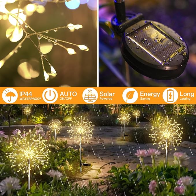 suddus Solar Garden Lights Outdoor Waterproof Decorative, 2Pack 150LED Firework Lights, Solar Fairy Lights for Yard, Garden, Party, Patio, Pathway, Flowerbed - Warm White SUDDUS