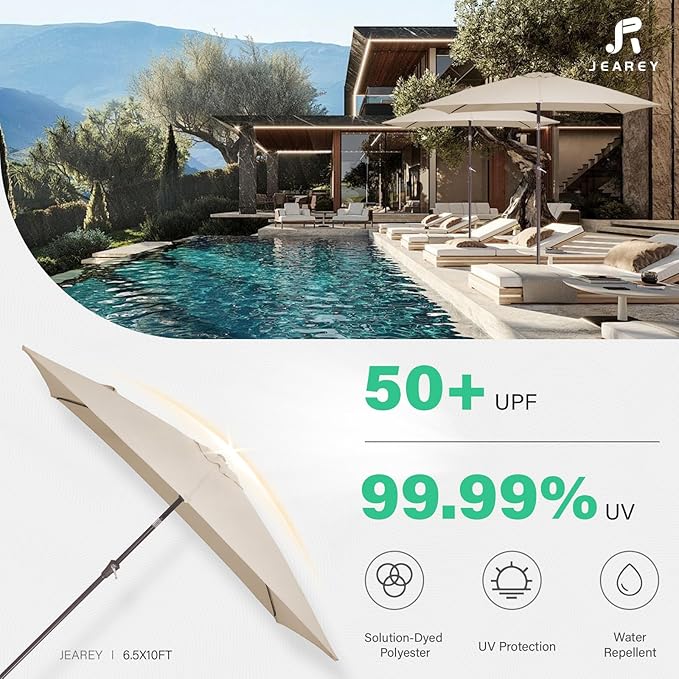 JEAREY 6.5x10 ft Rectangular Patio Umbrellas Rectangle Outdoor Umbrella with Push Button Tilt and Crank, Market Table Umbrella 6 Sturdy Ribs UV Protection for Poolside Garden Backyard Deck, Beige JEAREYOutdoorsCollection