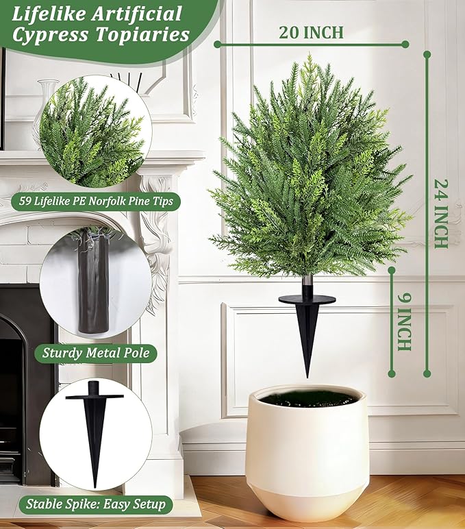 2 Pack Artificial Cypress Topiary Ball Trees with Ground Spike, 24" Norfolk Fake Bushes Shrubs UV Resistant Faux Plants Greenery for Outdoor Planters Garden Front Porch Pot Urn Fillers Spring Decor Grandeal