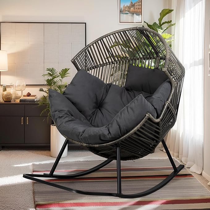 Vongrasig Wicker Egg Chair PE Rattan Rocking Chair with Cushion, Oversized Patio Lounge Rocker Chair for Outdoor, Indoor, Balcony, Backyard, Garden, Black/Rattan Vongrasig