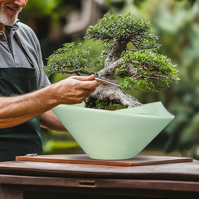 Ceramic Bonsai Pots - Large Succulent Planter 13 Inch Plant Pot Indoor Succulent Pot with Drainage Hole Outdoor Planter Bonsai Tree Pot for House Home Garden Office Decor Green Teagas