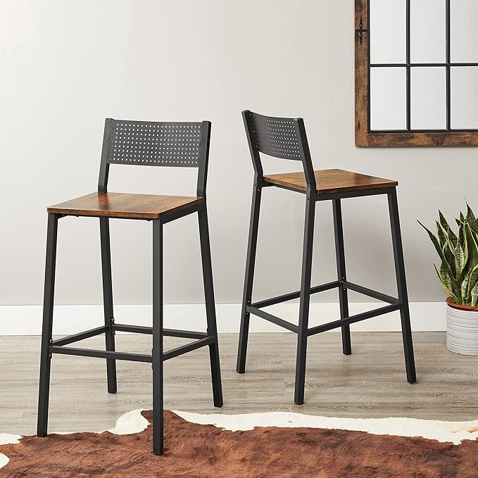 VASAGLE Bar Stools, Set of 2 Bar Chairs, Tall Bar Stools with Backrest, Industrial in Party Room, Rustic Brown and Black ULBC070B01 VASAGLEbySONGMICSHOME