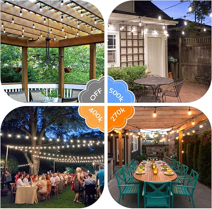Lakumu 2-Pack 3 Color Dimmable LED Outdoor String Lights for Patio with Remotes, 96FT Waterproof Hanging Lights with Shatterproof Edison Bulbs for Bistro Backyard-Warm White/Neutral White/Daylight Lakumu