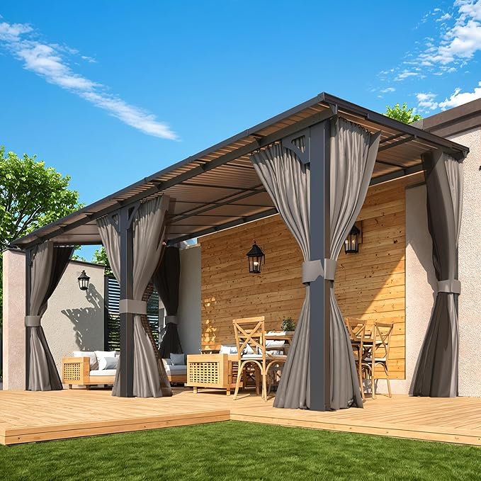 AECOJOY 16' x 8' Gazebo Outdoor Pergola with Curtains and Netting, 8'x16’ Hard Top Lean to Pergolas and Gazebos Clearance with Patio Roof Shelter, Large Wall-Mounted Heavy Duty Metal Awnings for Patio AECOJOY