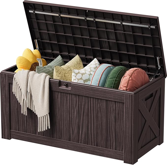 Devoko 125 Gallon Outdoor Storage Box, Waterproof Resin Deck Box for Patio Furniture, Lockable Container for Garden Cushions & Pool Supplies (Brown, 125 Gallon) DEVOKO
