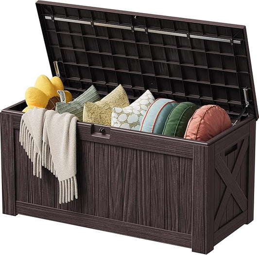 Devoko 125 Gallon Outdoor Storage Box, Waterproof Resin Deck Box for Patio Furniture, Lockable Container for Garden Cushions & Pool Supplies (Brown, 125 Gallon) DEVOKO