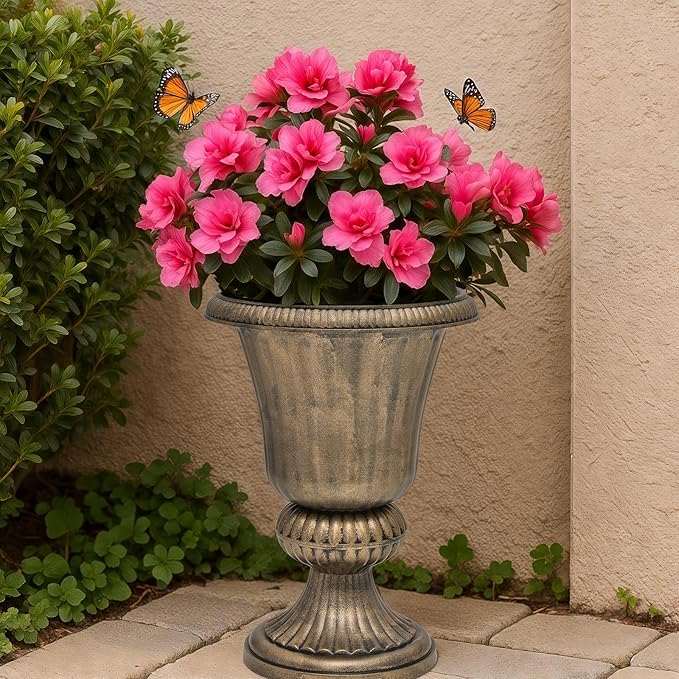 Magshion 20" Urn Planters for Outdoor Plants, Large Decorative Front Porch Planters Set of 2, Weatherproof Tall Plastic Flower Pots for Garden, Patio & Entryway Décor, Antique Brass Magshion