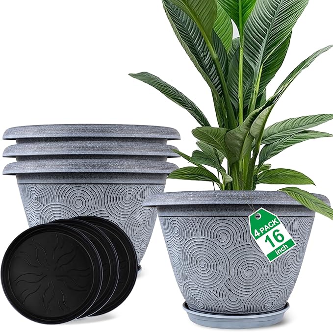 16 Inch Large Planter Pot for Plants Indoor Outdoor, 4 Pack Plastic Flower Pots with Drainage Hole & Tray, Modern Decorative Garden Pot with Saucer, Plant Container for House Fodetyff