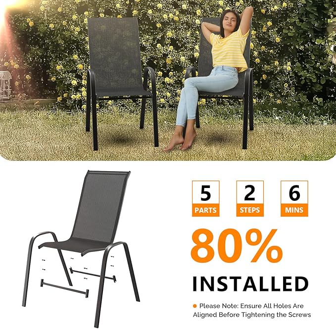 VINGLI Patio Chairs Set of 4 – Stackable Outdoor Dining Chairs with Comfortable Sling High Back Chairs and Armrests for Lawn, Poolside, Courtyard, Balcony, Garden, Black VINGLI