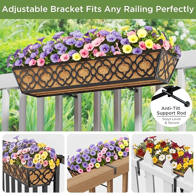 HFHOME 2 Pcs 30" Window Box Deck Railing Planter with Horse Trough Coco Liners, Black Metal Hanging Flower Planters Baskets for Indoor, Outdoor, Balcony, Porch, Fence, Patio, and Lawn HFHOME