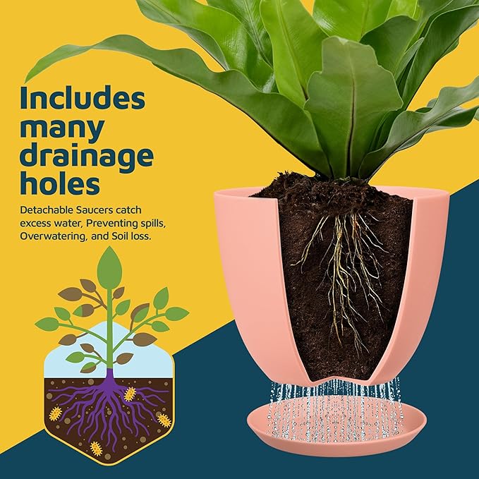 Planter Pots with Drainage Holes - Lightweight, Durable, and Space-Saving Pots for Indoor and Outdoor - Versatile Functionality, Simple Modern Design, Set of 5 Plastic Planter Pots - Pink LIFEMASTER