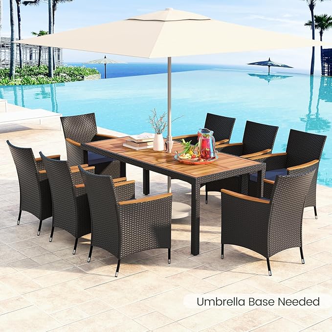 Tangkula 9 Pieces Rattan Outdoor Dining Set for 8, Outdoor Acacia Wood Table Set with 8 Cushioned Wicker Chairs, Umbrella Hole, Patio Dining Furniture Set for Deck Pool Backyard TANGKULA
