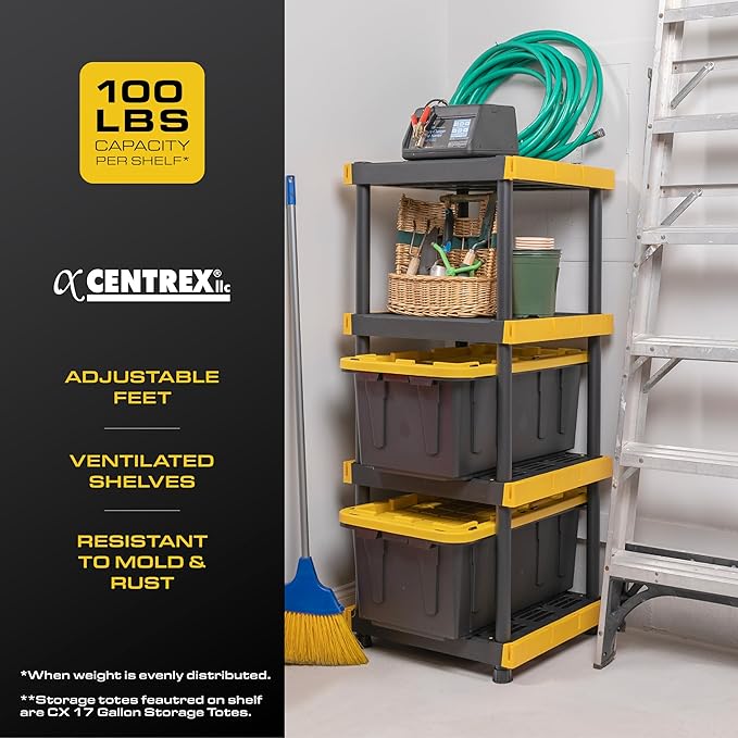 BLACK & YELLOW 4-Tier Heavy Duty Plastic Storage Shelves that Support up to 100lbs/shelf, Organization and Storage, Weather-Resistant Design, Easy Assembly, Made in The USA (55H x 24W x 20D) BLACK+%26+YELLOW