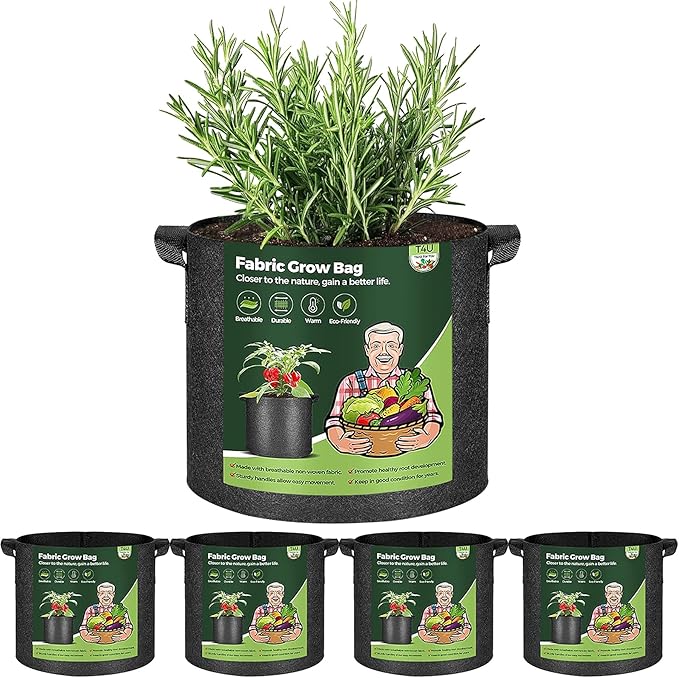T4U 5 Gallon Grow Bags, Upgrade Grow Bags with Handles, Heavy Duty Thickened Nonwoven Fabric Pots, 5 Gallon Pots for Plants, Strawberry, Cherry Tomatoes (5 Pack) T4U