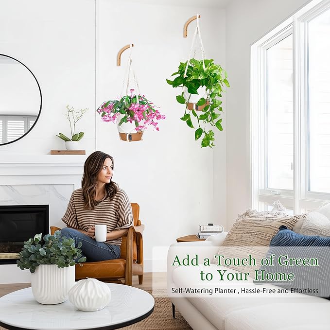 10 Inch Hanging Planters for Indoor Plants, 2 Pack Self Watering Hanging Baskets Flower Pots with Drainage Hole, Visual Reservoir & 2 Kinds of Plant Hanger for Outdoor Garden Home Decor (White) Fielda