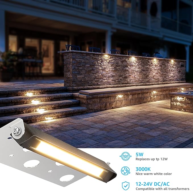 SUNVIE 8-Pack 7 Inch Retaining Wall Lights 5W LED Waterproof Hardscape Lighting 12V Low Voltage Step Lights Outdoor Landscape Lighting with Connectors 3000K Warm White Paver Lights, ETL Listed Cord SUNVIE