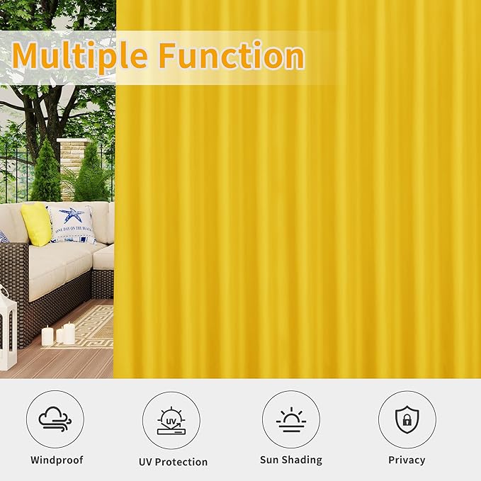 Easy-Going Outdoor Patio Curtains Detachable Tab Top Windproof Weatherproof Curtain for Cabana, Porch, Pergola and Gazebo, Tab Bottom Drape, 2 Panels, 110W x 96L inch, Yellow Easy-Going