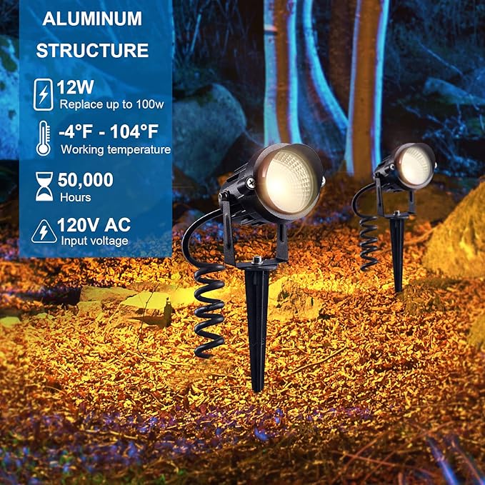 SUNVIE 120V Spot Lights Outdoor LED Landscape Lighting 12W AC Spotlights for Yard Waterproof Landscape Spotlight with Spiked Stake for Tree Garden Pathway Warm White Flag Lights US 3-Plug in, 4 Pack SUNVIE