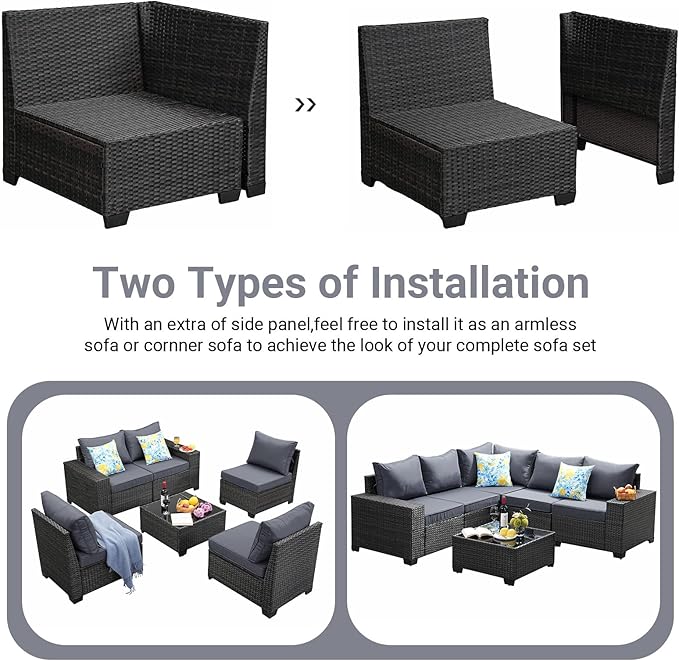 Jing's Villa 6-Piece Patio Furniture Set, All-Weather Outdoor Wicker Sectional Sofa with Cushions, Glass Table & Left and Right Armrest, Rattan Conversation Seating for Porch, Garden, Backyard,Grey JingsVillaOutdoorFurniture